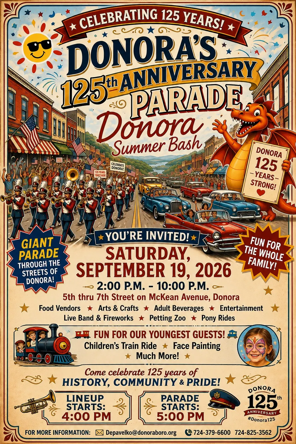 Flyer for Donora's 125th Anniversary Parade and Summer Bash
